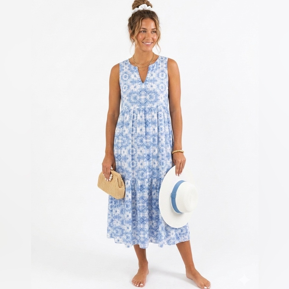 BeachLunchLounge Blue Tie Dye Sleeveless Tiered Midi Dress Boho XS